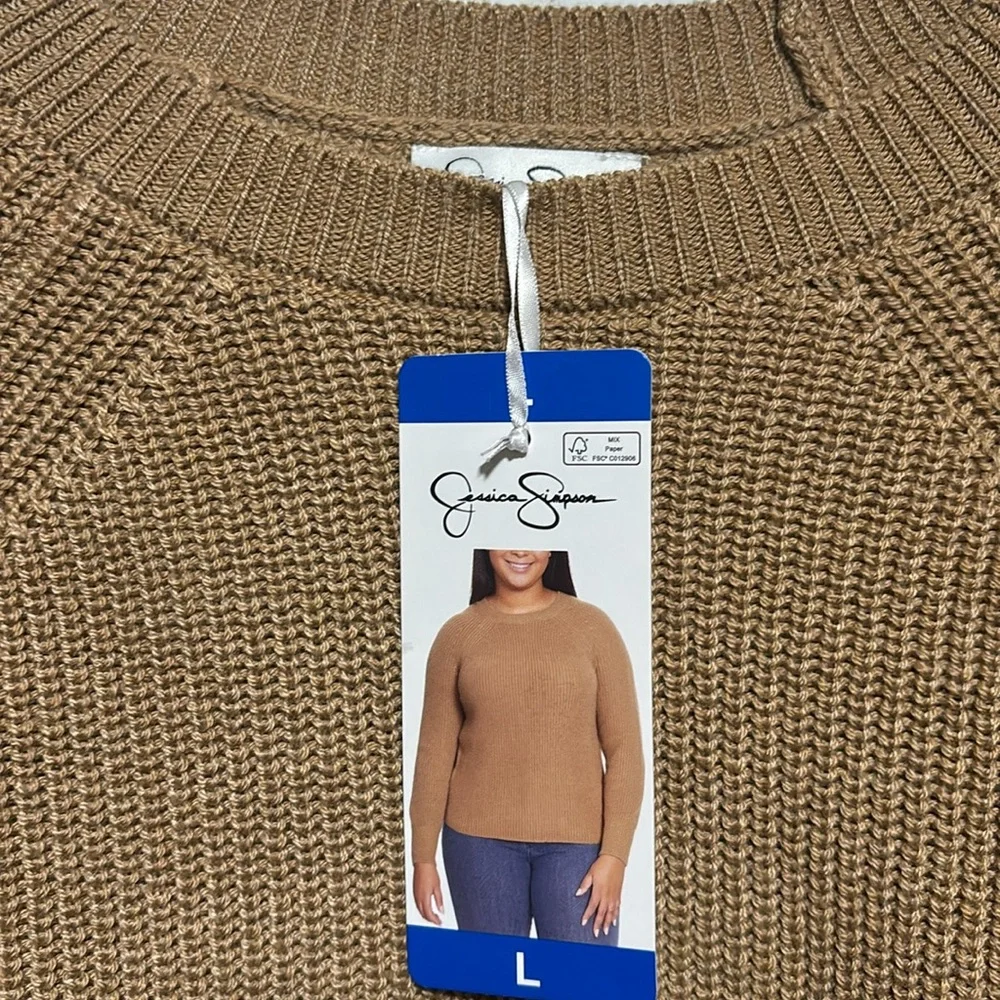 Jessica Simpson Ribbed Sweater Knit Tan Brown Crewneck Women's Size L NWT